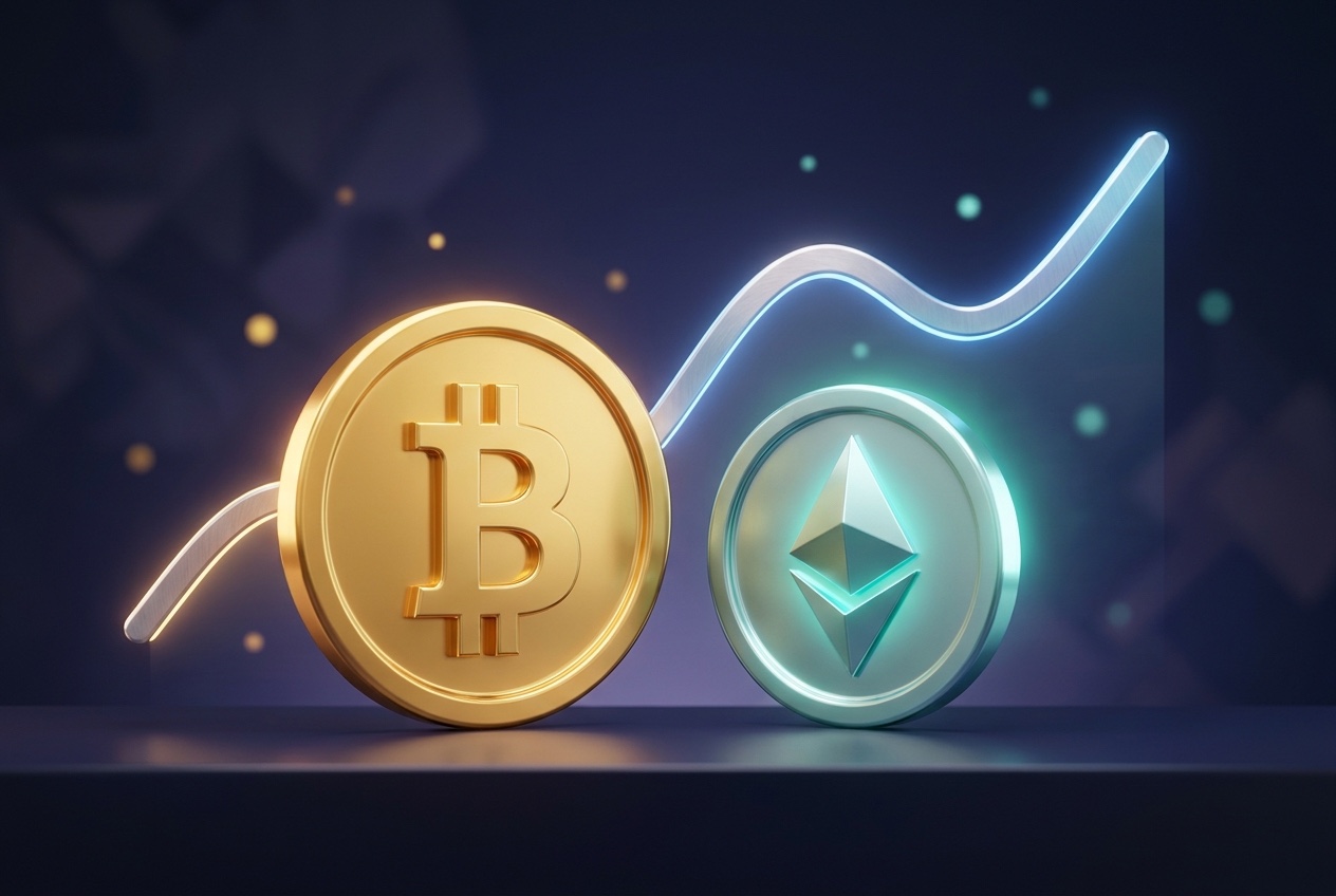 Bitcoin and Ethereum coins with a gently rising market chart