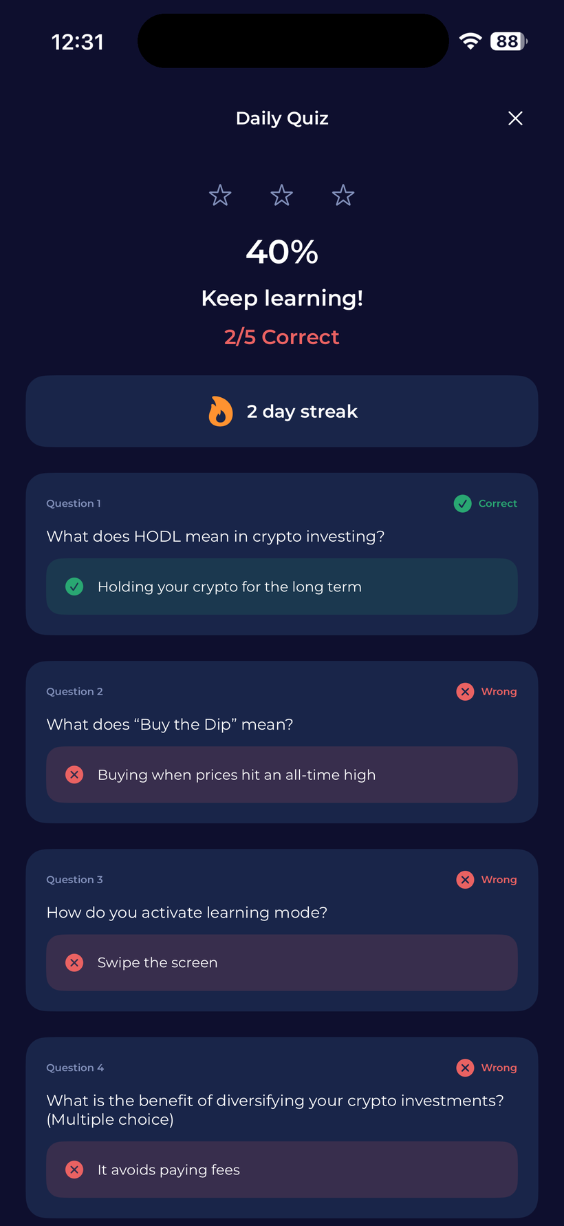 El test diario en la app de CryptoUnity que comprueba tu comprensión de un taller